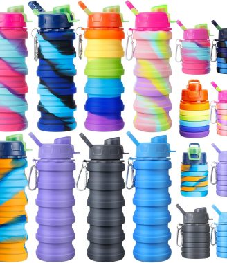 8 Pcs Collapsible Water Bottles Silicone Travel 16 oz Reusable Leakproof Foldable Water Bottles with Clip for Camping Hiking Cycling Travel Gym Yoga Outdoor Sports