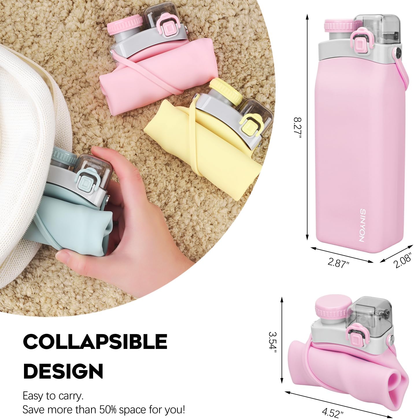 Collapsible Water Bottles, 20oz Silicone Reusable Water Bottle with Straw and Strap, Leakproof Foldable Sports Water Bottle for Travel Camping Running Hiking Gym, BPA Free - Image 2