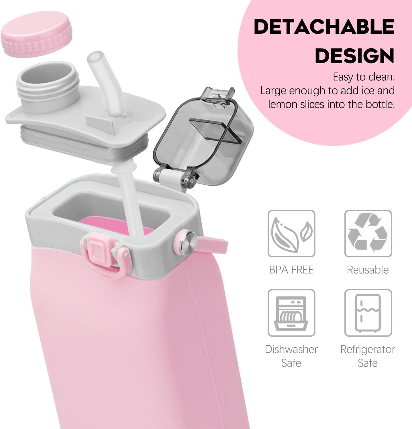 Collapsible Water Bottles, 20oz Silicone Reusable Water Bottle with Straw and Strap, Leakproof Foldable Sports Water Bottle for Travel Camping Running Hiking Gym, BPA Free - Image 3